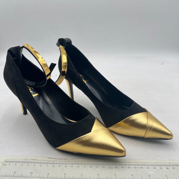 FSJ Black & Gold Ankle Strap Pointed Toe Stiletto Heel Pumps for Women - Picture 4 of 8